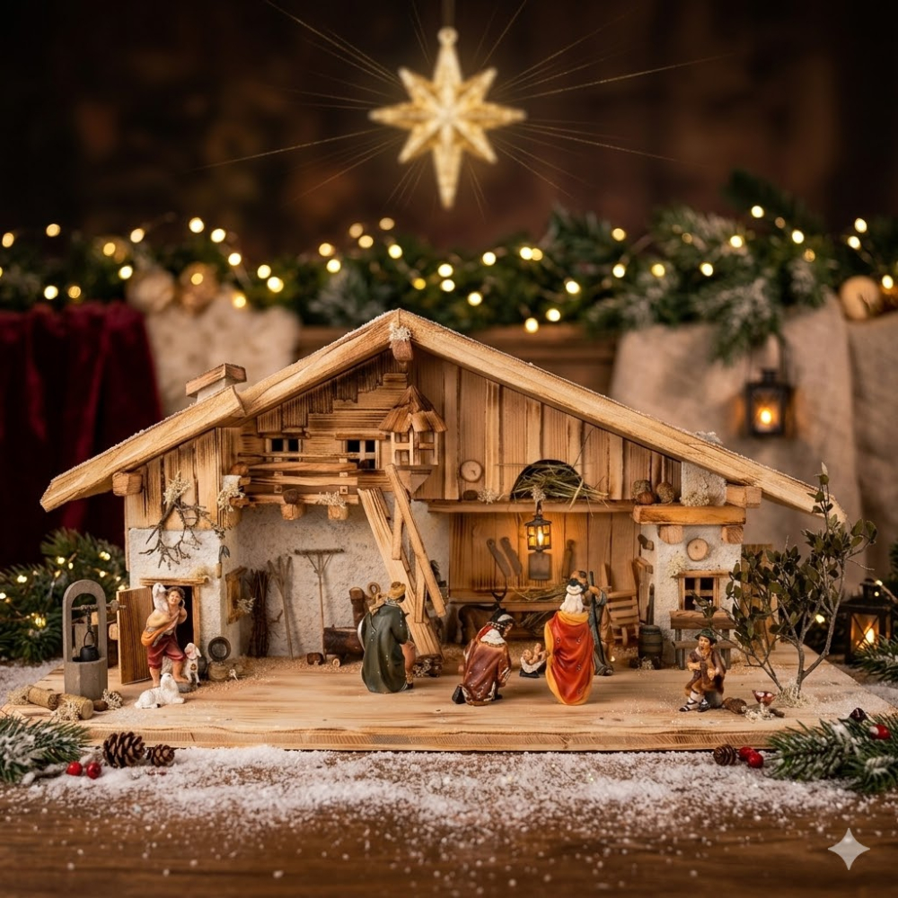 Stimmungsvolle, handgefertigte Weihnachtskrippe Gotthard aus Holz hell inkl. 12-tlg. handbemaltem Figurensatz K 001,    Maße Krippe: ca. 90 x 40 x 40 cm